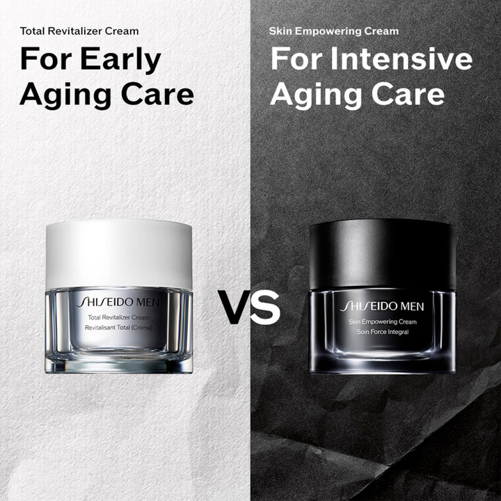 Shiseido Men Empowering Cream 50 ml ansiktskrem for intensiv aldringspleie i svart krukke vist i en sammenligning.