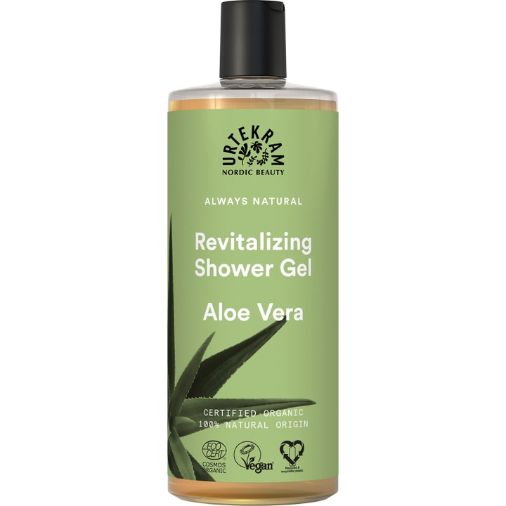 Urtekram Revitalizing Shower Gel Aloe Vera 500 ml fuktighetsgivende dusjgelé i gjennomsiktig flaske med grønn etikett.