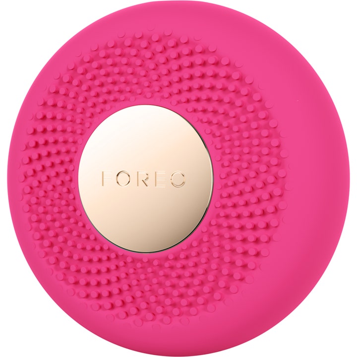 FOREO UFO 3 LED Pink 1 stk hudpleieenhet for glød med rosa silikonoverflate og en sentral gullfarget plate