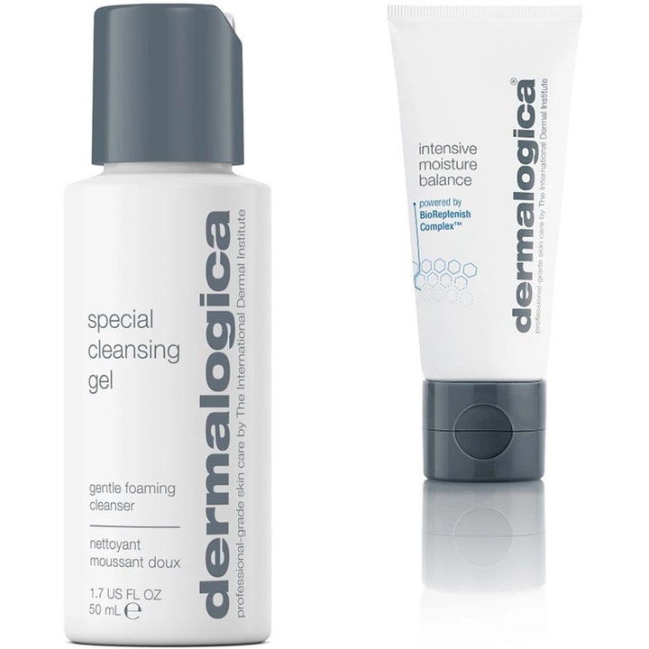 Dermalogica Special Cleansing Gel 50 ml og Intensive Moisture Balance gir skånsom rens og fuktighet i hvit flaske og tube.