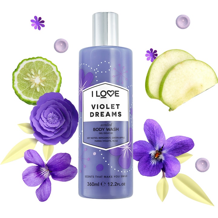 I Love Violet Dreams 360ml dusjsåpe i lilla flaske med sølvkork omgitt av lilla blomster, grønt eple og bergamott.