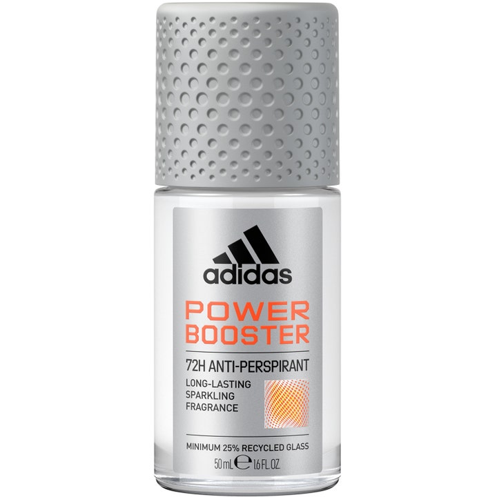 Adidas Power Booster 50 ml 72H Anti-perspirant roll-on i glassflaske med sølv etikett og grått mønstret lokk