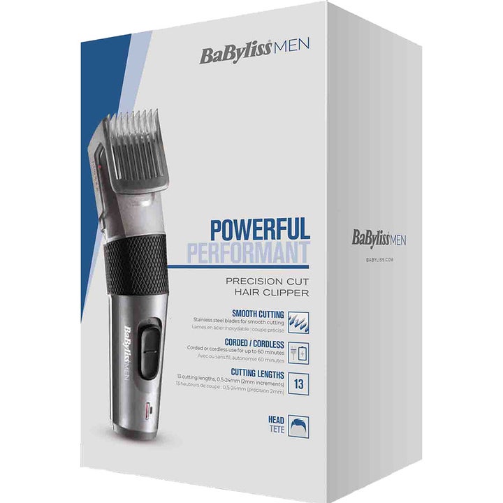 BaByliss Precision Cut 1 stk hårklipper for jevn klipp i hvit eske med sølvfarget trimmer og sort teksturert grep.