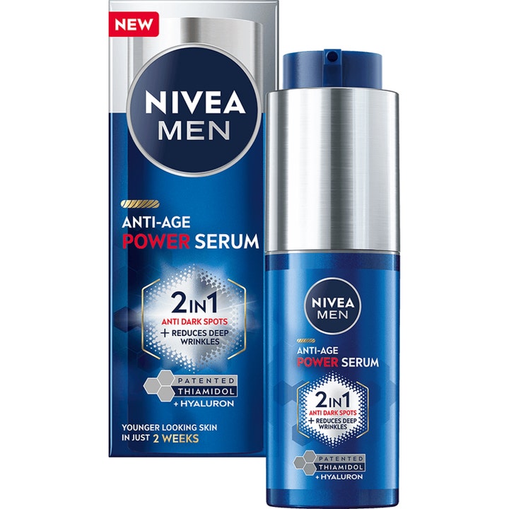 Nivea Men Anti-Age Power Serum 30ml reduserer rynker og flekker i blå pumpeflaske med sølvdetaljer og eske.