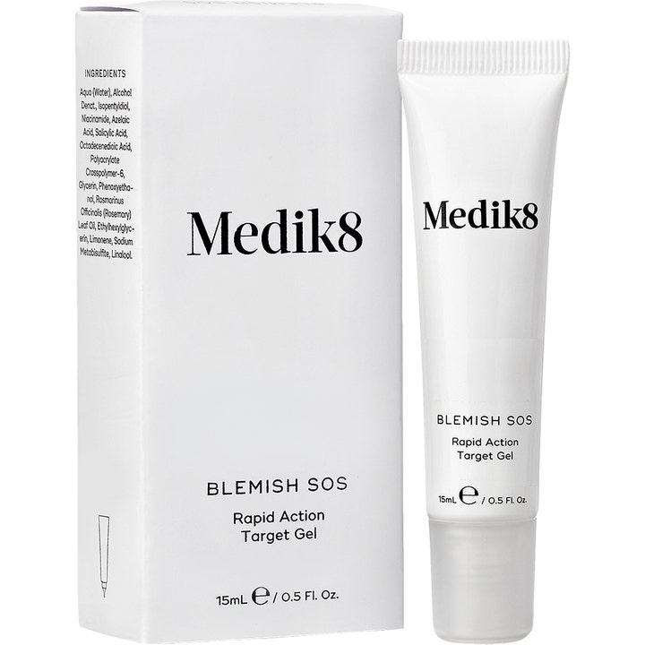 Medik8 Blemish SOS 15 ml målrettet gel mot urenheter i hvit tube og ytteremballasje som gir klarere hud.