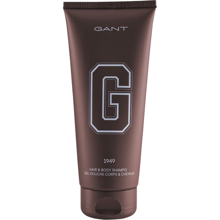 GANT Hair & Body Shampoo 200 ml rengjørende dusjsåpe og sjampo i en matt brun tube med stor sølvfarget G-logo