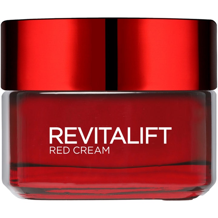 L'Oréal Paris Revitalift Red Cream 50 ml glødgivende ansiktskrem i rød glasskrukke med metallisk rødt lokk
