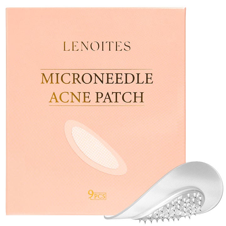 Lenoites Microneedle Acne Patch 9 stk kviseplaster mot kviser ferskenfarget eske med et ovalt plaster med små mikronåler