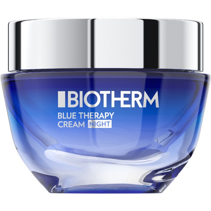 Biotherm Blue Therapy Cream Night 50 ml nattkrem som reduserer aldringstegn i en mørkeblå glasskrukke med sølvlokk