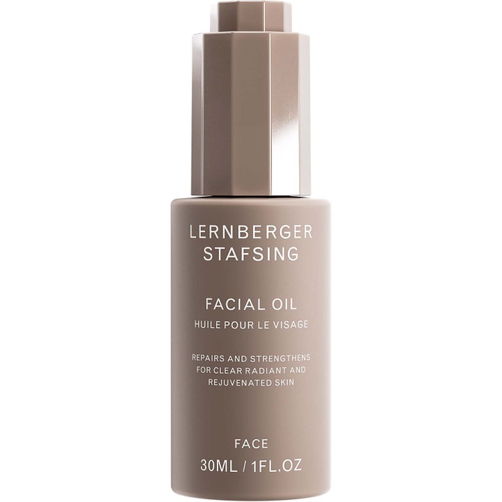 Lernberger Stafsing Facial Oil 30ml styrkende ansiktsolje i en matt beige flaske med sølvfarget dråpeteller