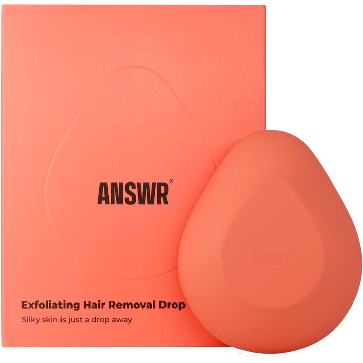 ANSWR Exfoliating Hair Removal Drop gir silkemyk hud med et ferskenfarget dråpeformet verktøy og matchende eske.