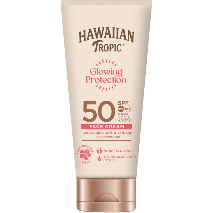 Hawaiian Tropic Glowing Protection Face Cream SPF 50 ansiktskrem gir glød i en beige tube med rosegullfarget lokk