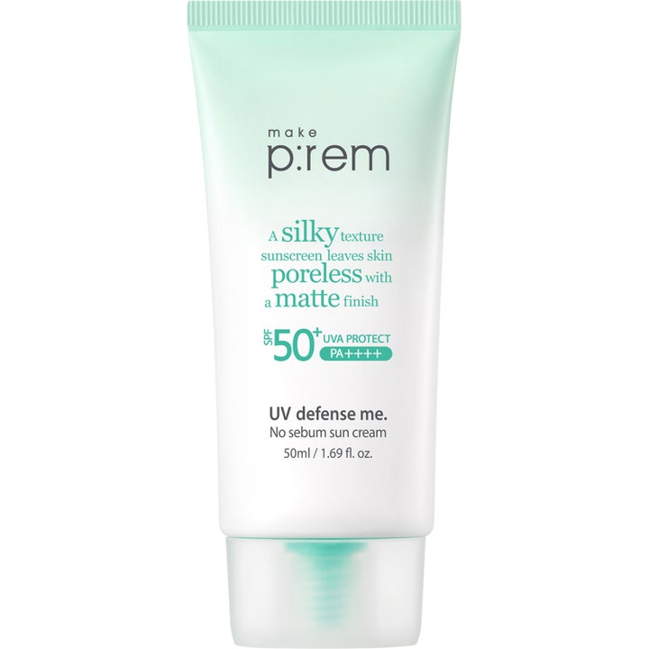make p:rem UV defense me No sebum sun cream 50ml mattende solkrem i hvit tube med mintgrønne detaljer som gir porefri hud