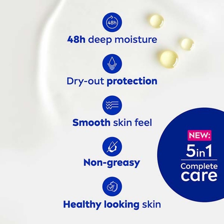 NIVEA Rich Nourishing Body Lotion 250 ml fuktighetskrem med 5in1 pleie og oljedråper på hvit kremet tekstur