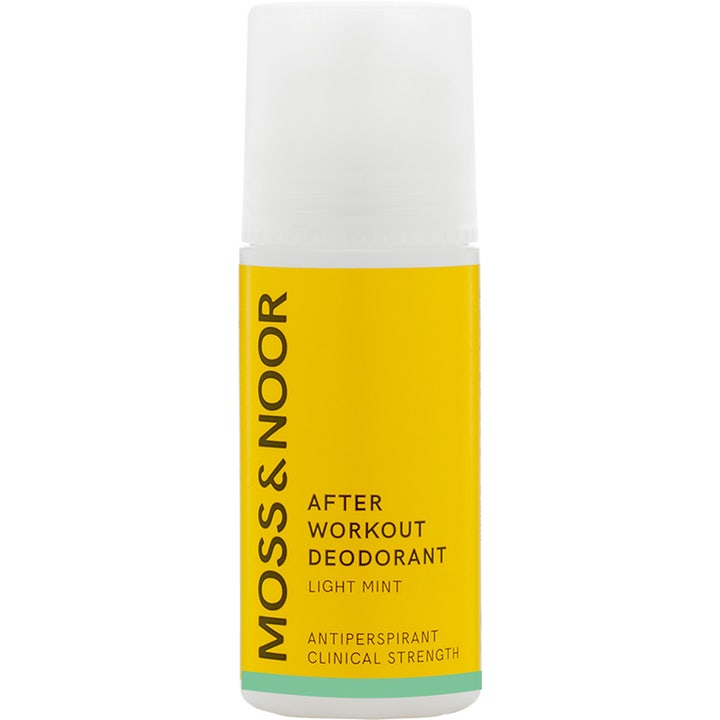 Moss & Noor After Workout Deodorant Light Mint antiperspirant som motvirker svette i en hvit roll-on med gul etikett