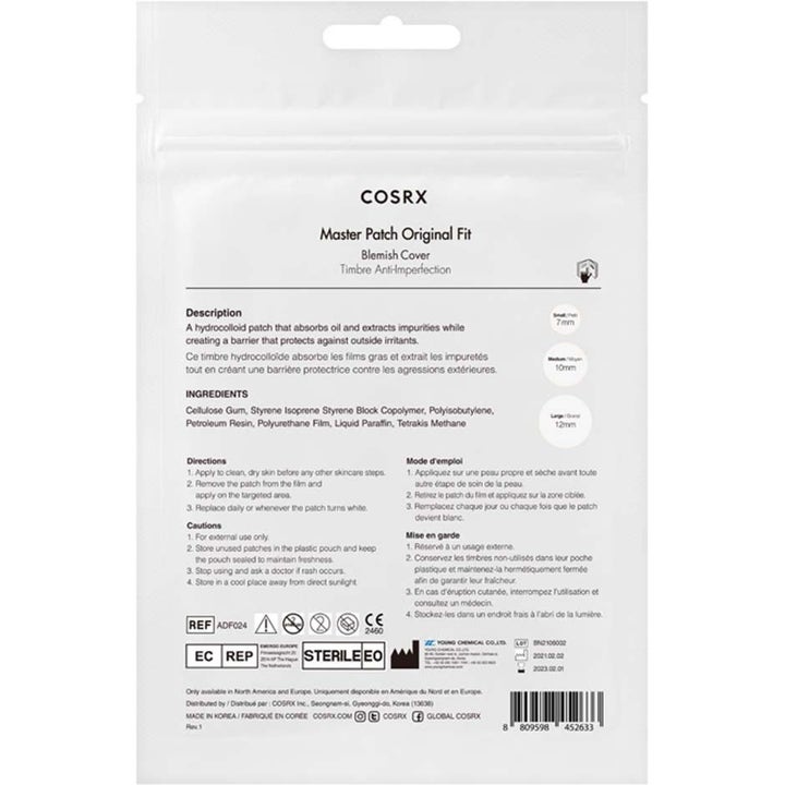 COSRX Master Patch Original Fit kviseplaster mot urenheter i hvit pose viser baksiden med info og tre ulike størrelser
