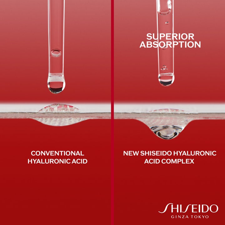 Shiseido Essential Energy Hydrating Cream 50 ml viser absorpsjon av hyaluronsyre på rød bakgrunn