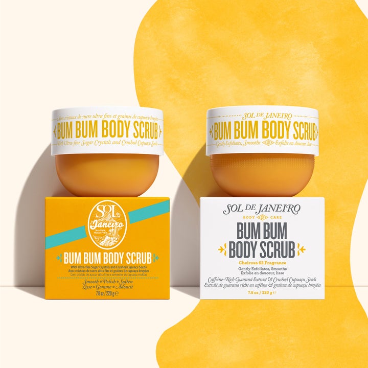 Sol de Janeiro Bum Bum Body Scrub 220 g eksfolierende kroppsskrubb i gul krukke med hvit eske