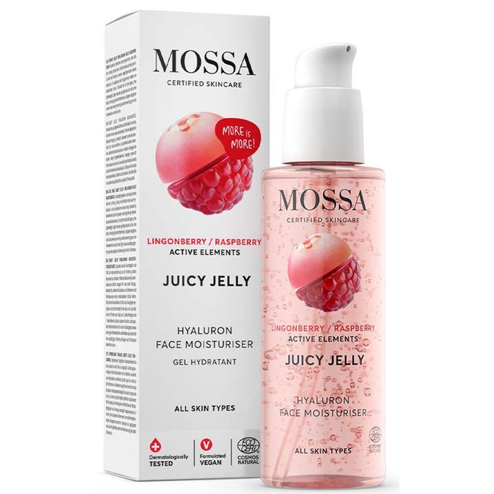Mossa Juicy Jelly Face Moisturiser 100ml fuktighetskrem med hyaluronsyre i gjennomsiktig pumpeflaske