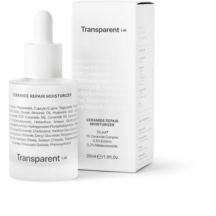 Transparent Lab Ceramide Repair Moisturizer 30 ml ansiktskrem i hvit pipetteflaske og eske