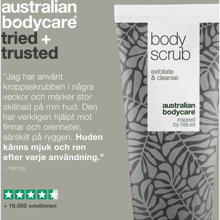 Australian Bodycare Body Scrub Lemon Myrtle 200 ml eksfolierende kroppsskrubb i tube ved siden av kundeanmeldelse.