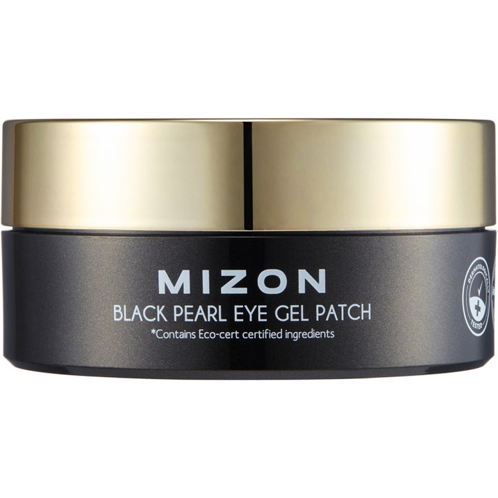 Mizon Black Pearl Eye Gel Patch fuktighetsgivende øyemaske i en elegant svart krukke med gullfarget lokk.