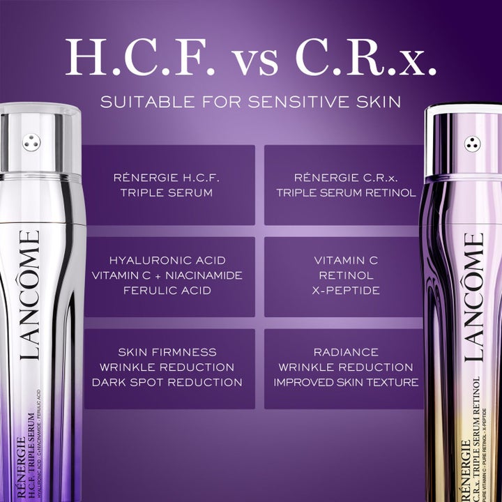 Lancôme Rénergie C.R.x Triple Serum Retinol Duo hudpleie som viser ingredienser som retinol og vitamin C for glød.