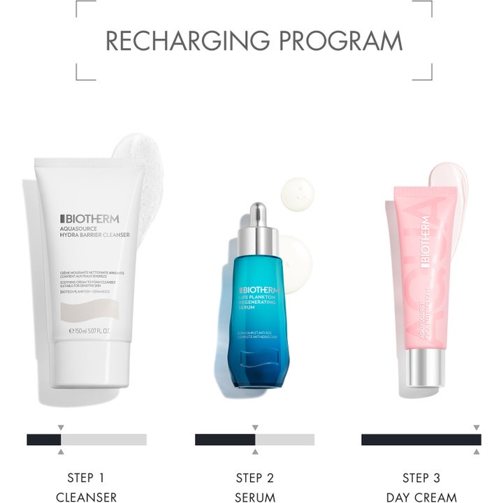 Biotherm Aquasource Cica Nutri Cream 30 ml fuktighetsgivende dagkrem i rosa tube vist som steg tre i en hudpleierutine.