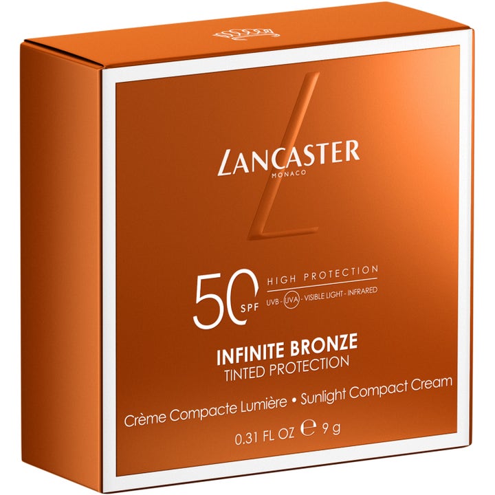 Lancaster Sun Beauty Infinite Bronze 9 g solkrem for ansiktet i oransje eske som gir SPF 50 beskyttelse