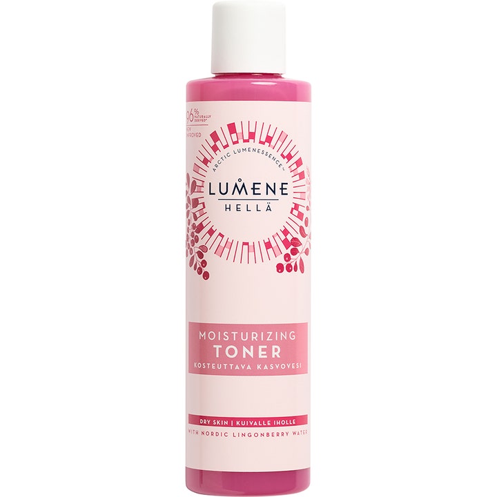Lumene Hellä Moisturizing Toner fuktighetsgivende ansiktsvann med tyttebærvann i en rosa plastflaske med hvitt skrulokk