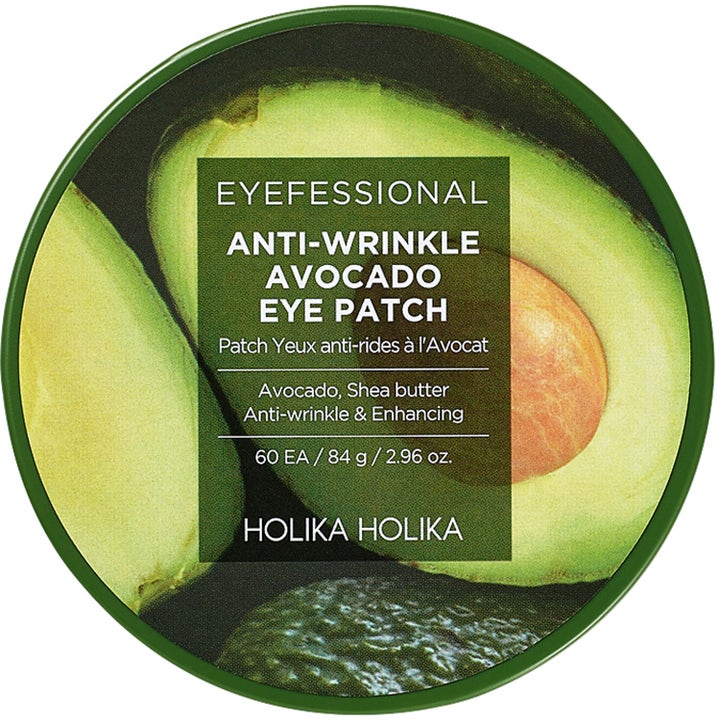 Holika Holika Eyefessional Anti-Wrinkle Avocado Eye Patch 84 g øyemasker i grønn krukke med avokadomotiv på lokket.