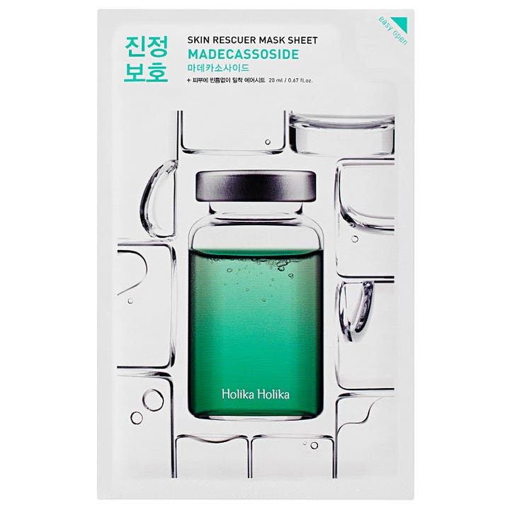Holika Holika Skin Rescuer Mask Sheet Madecassoside 20 ml beroligende arkmaske i hvit innpakning med grønn glassampulle