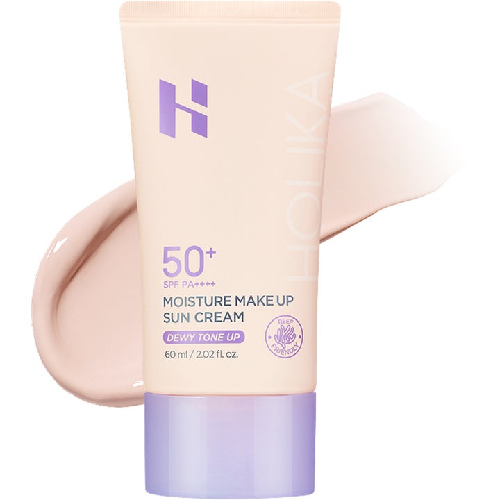 Holika Holika Moisture Make Up Sun Cream 60 ml SPF 50 solkrem gir dewy glød i ferskenfarget tube med lilla kork