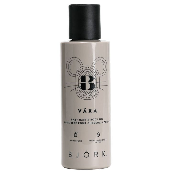 Björk Växa Baby Hair & Body Oil pleiende parfymefri babyolje i grå flaske med sort kork og musemotiv