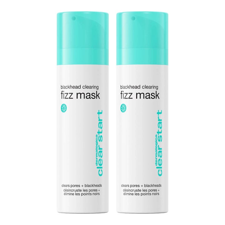 Dermalogica Clear Start Blackhead Clearing Fizz Mask 50ml som renser porer i to hvite flasker med turkis kork