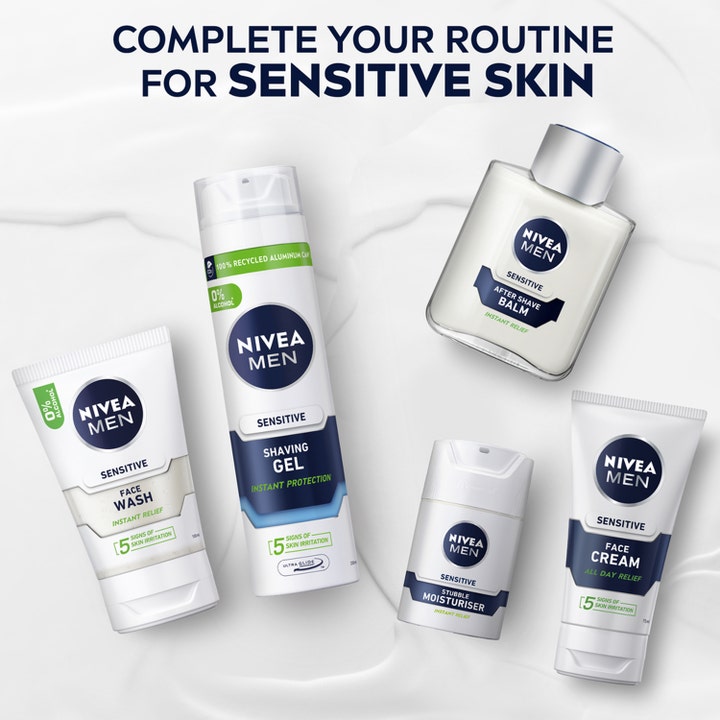 NIVEA Sensitive Shaving Gel 200 ml barbergel som beskytter huden vist i en komplett hudpleierutine for menn.