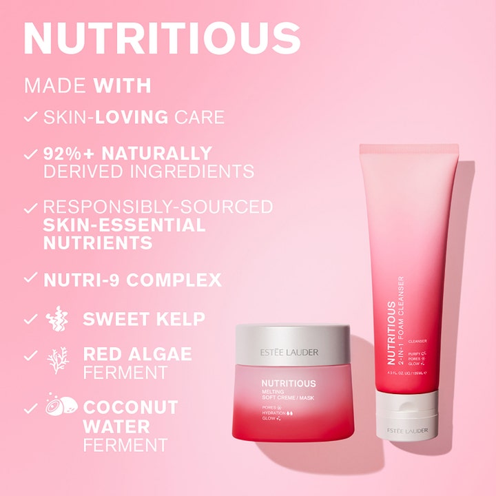 Estée Lauder Nutritious 2-In-1 Foam Cleanser 125 ml rengjøringsskum i rosa tube med krukke og ingredienser som gir glød.
