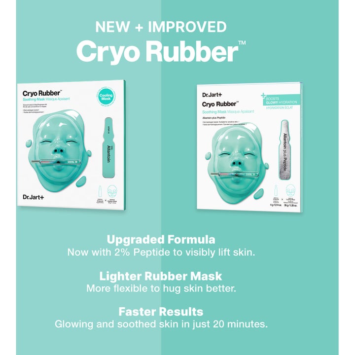 Dr.Jart+ Cryo Rubber Soothing Mask 36 g ansiktsmaske viser ny og forbedret formel med 2 % peptider.