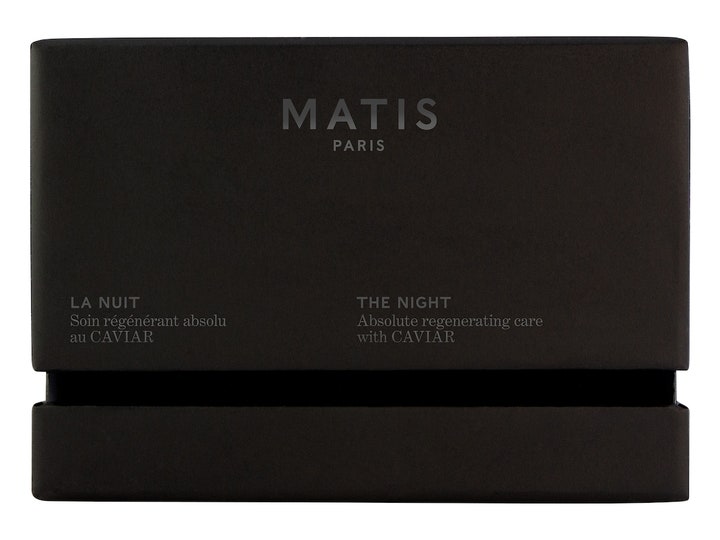Matis Caviar The Night 50 ml regenererende nattkrem i en luksuriøs sort eske med sølvfarget tekst