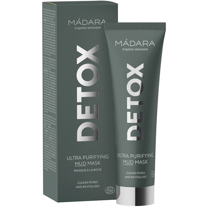 MÁDARA Detox Ultra Purifying MUD Mask 60 ml ansiktsmaske som renser porer i mørkegrønn tube og eske med sølvskrift