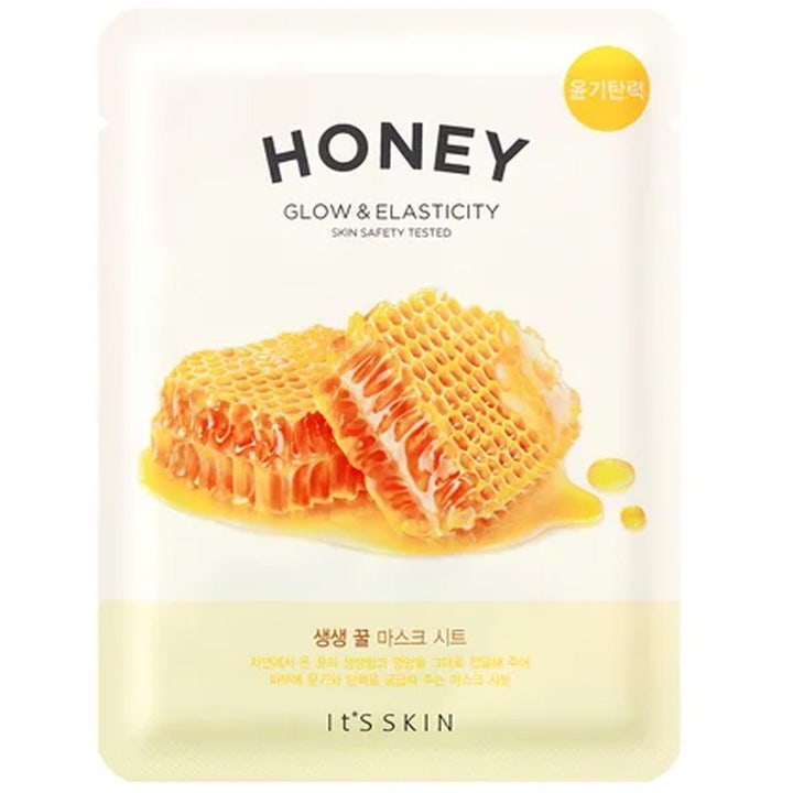 It's Skin Honey Glow & Elasticity sheetmaske gir glød og elastisitet i hvit forpakning med bilde av honningkake