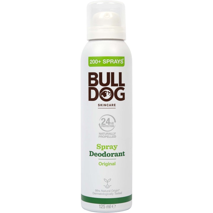 Bulldog Original Spray Deodorant 125 ml gir 24 timers beskyttelse i en hvit sprayflaske med grønne detaljer