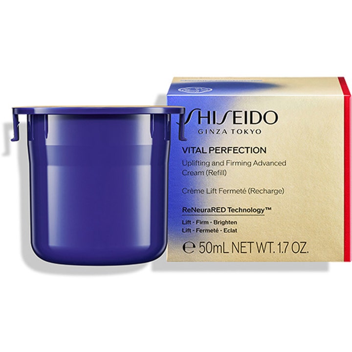 Shiseido Vital Perfection Uplifting and Firming Advanced Cream Refill 50 ml i lilla hylse ved siden av eske.