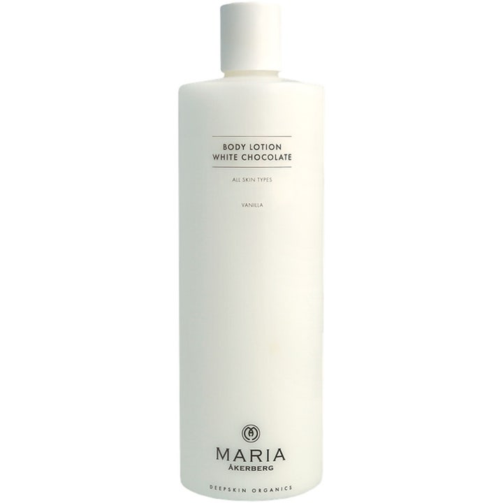 Maria Åkerberg Body Lotion White Chocolate 500 ml fuktighetsgivende bodylotion i en hvit sylindrisk flaske med hvit kork.