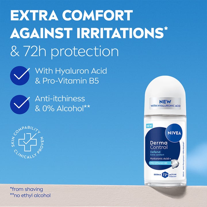NIVEA Derma Control Defend Roll On 50 ml gir 72 timers beskyttelse og motvirker irritasjon med hyaluronsyre og B5