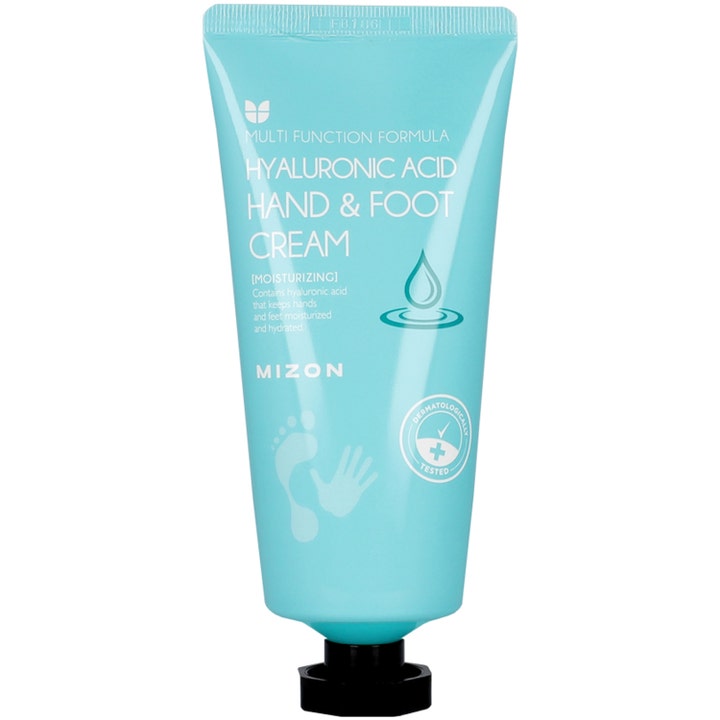 Mizon Hyaluronic Acid Hand & Foot Cream fuktighetsgivende krem i lyseblå tube med hvit tekst og sort kork
