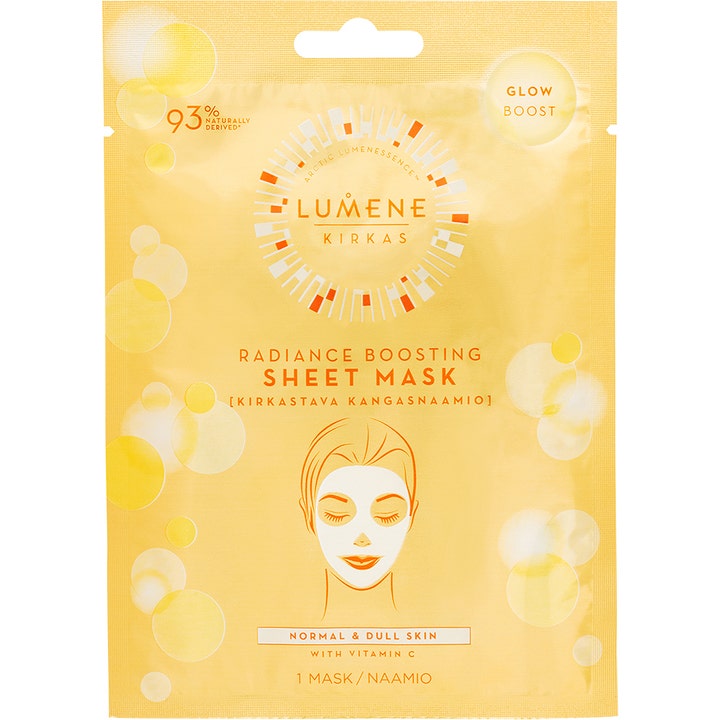 Lumene Kirkas Radiance Boosting Sheet Mask 1 stk gir glød med vitamin C i gul pakning med ansiktsillustrasjon