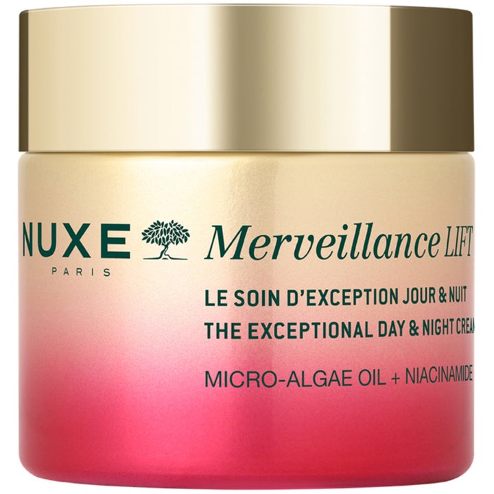 Nuxe Merveillance Lift oppstrammende ansiktskrem med niacinamid i en krukke med rosa gradient og metallisk gullokk