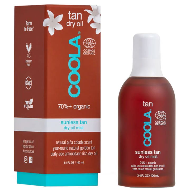Coola Sunless Tan Dry Oil Mist 100 ml pleiende selvbruning i brun sprayflaske med hvit kork ved siden av esken
