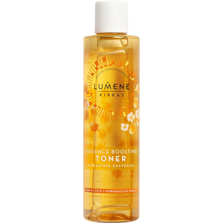 Lumene Kirkas Radiance Boosting Toner 200 ml glødgivende ansiktsvann i oransje plastflaske med hvitt lokk